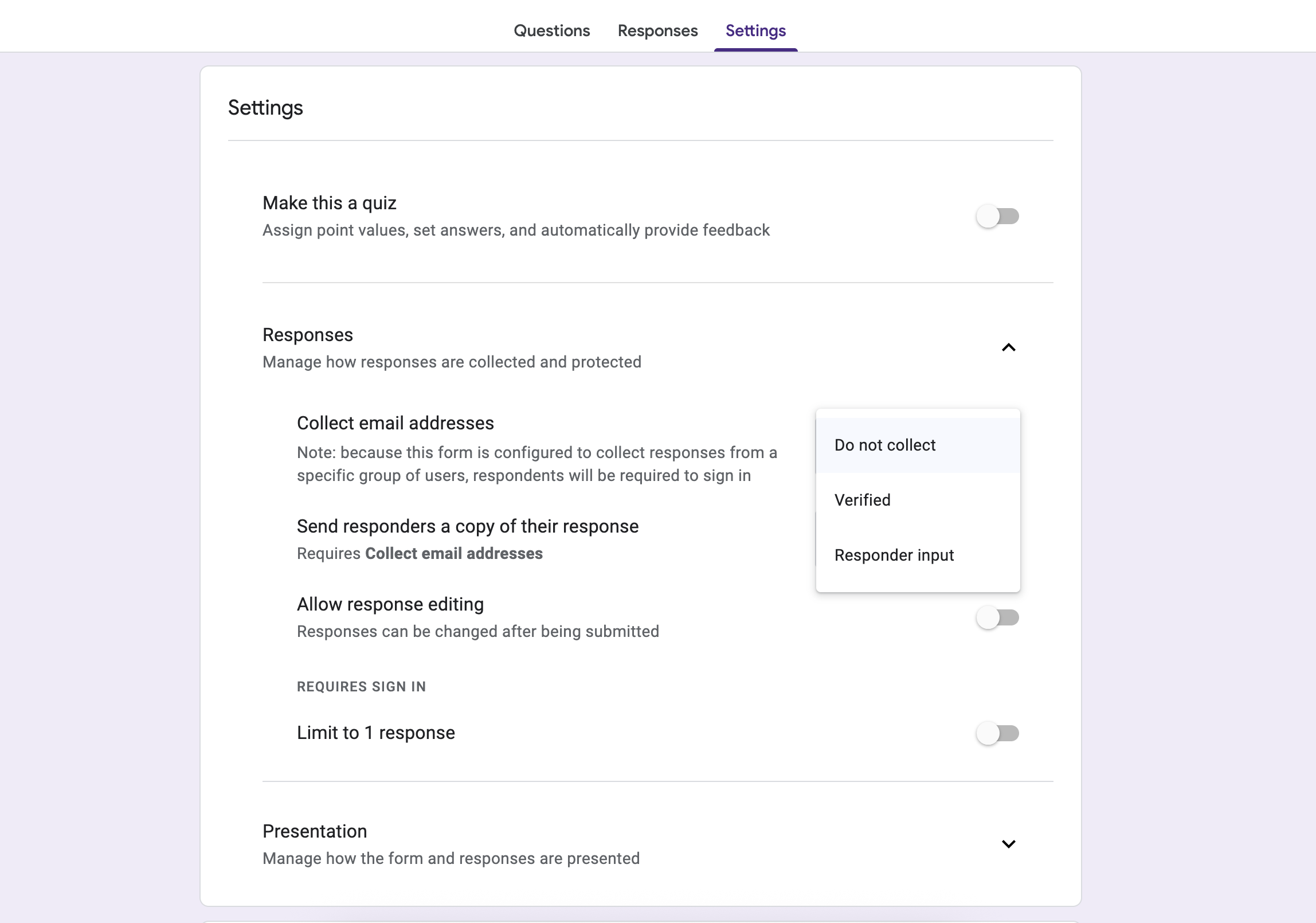 Screen depicting options for ensuring the Google Form remains anonymous.